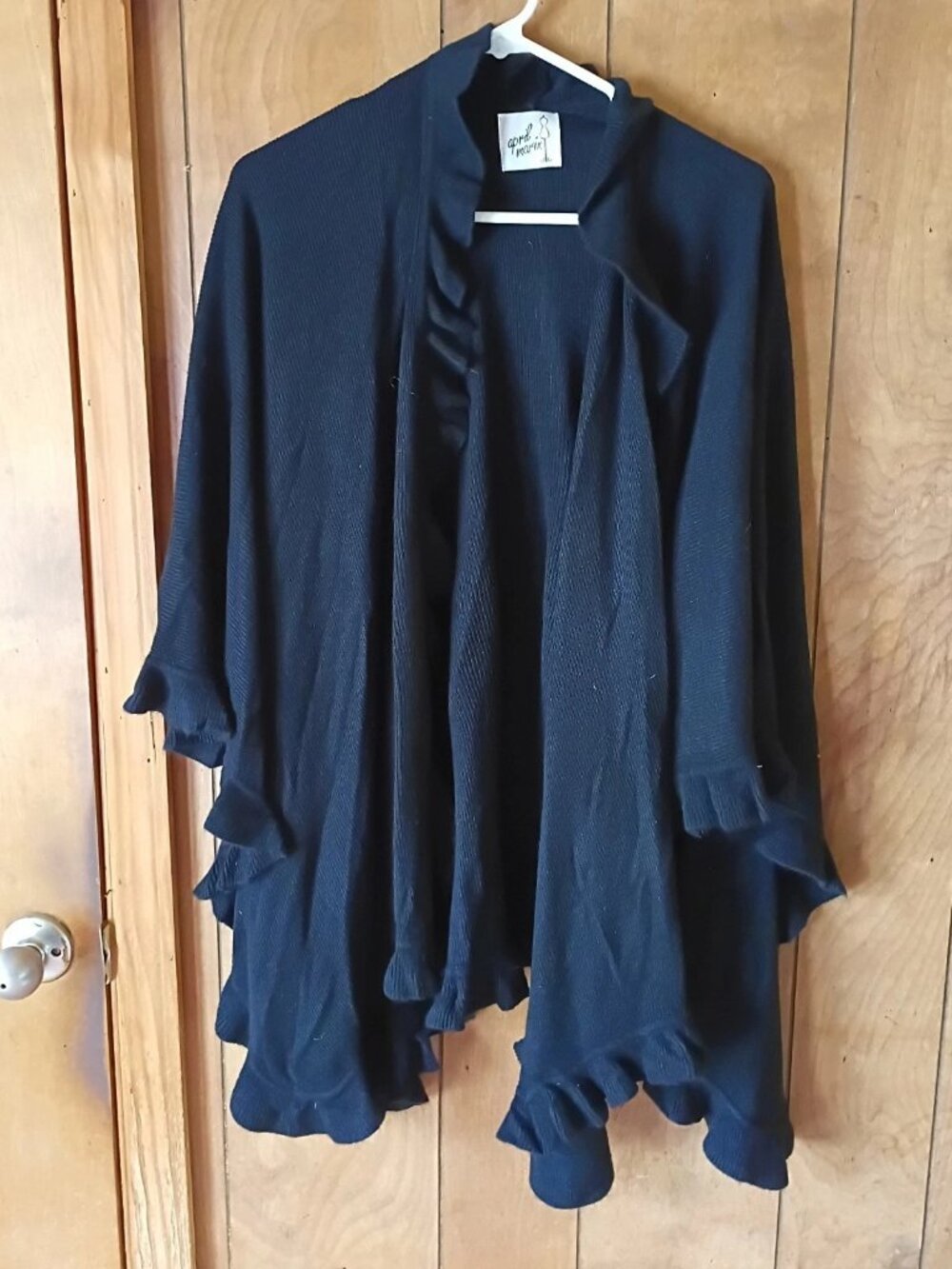 April Marin Black Ruffle Hem Open Front Shawl Cardigan Sweater Wrap One Size